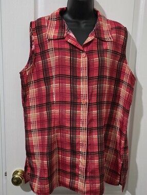 Studio C Sleeveless Button-Down Shirt Red Plaid Size XL